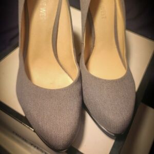 Steel blue/gray Herringbone Tweed Nine West Wise Up 2 Heels sz 7m
